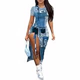 Nimsruc Women Sexy Summer Dresses Short Sleeve Thigh-high Slit Ruched Bodycon Maxi Club Cocktail Party Dress Denim Print M