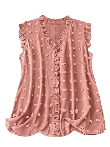 SOLY HUX Women's Plus Size Blouse Swiss Dots V Neck Ruffle Sleeveless Vacation Casual Summer Tops