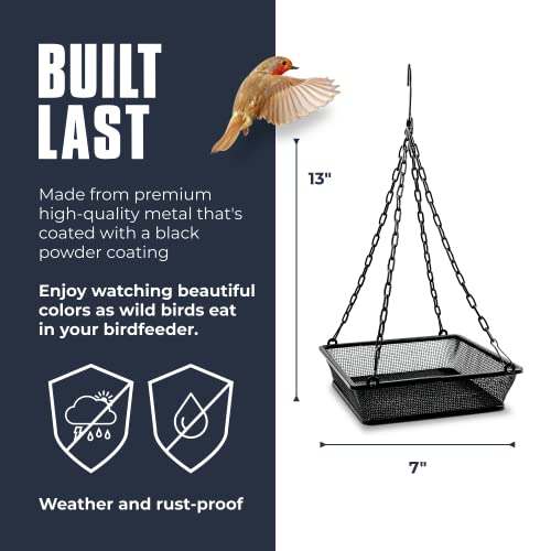 Monarch Abode Hanging Bird Feeder for Outdoors – Hanging Birdfeeder with Iron Mesh Seed Tray for Wild Birds, Matte Black Metal Decorative Wild Bird Feeder for Outside Garden Patio Deck Yard