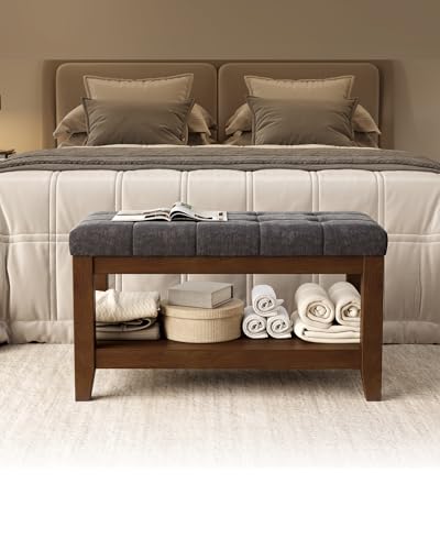 ABHENG Solid Rubber Wood Shoe Bench, Soft Chenille Material Upholstered