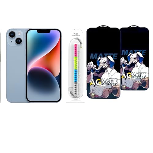 Image of Edge To Edge Matte Tempered Glass Screen Protector Compatible With iPhone 14 Plus, 9H Hardness, Anti-Fingerprint, FHD Clear With Cable Protector Pack 2