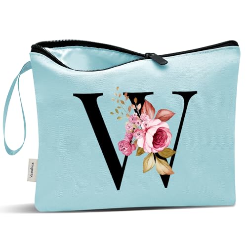 Image of Vavabox A-Z Personalized Makeup Bag, Birthday Gifts for Women Mom, Gifts for Best Friend, Bride Bridesmaid Cosmetic bag (W, Aqua)