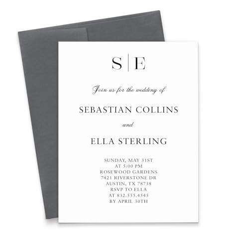 Personalized Wedding Invitations Black and White, Minimalist Elegant Wedding Invite With Envelopes, Monogram Custom Invitation Cards, Marriage Invitation Card, Your Choice of Quantity & Envelope Color