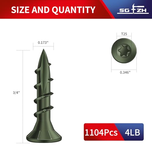 Image of #8 x 3 /4 inch Deck Screws (1104Pcs) 4lb. Exterior Wood Screws. Carbon Steel, Green, Flat Head, Rust Resistant epoxy Coated, with T25 Star Bit
