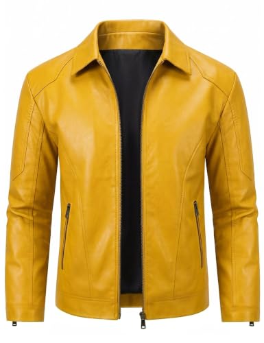 Yellow Leather Jacket Men Faux Leather Jackets Motorcycle Biker Coat L