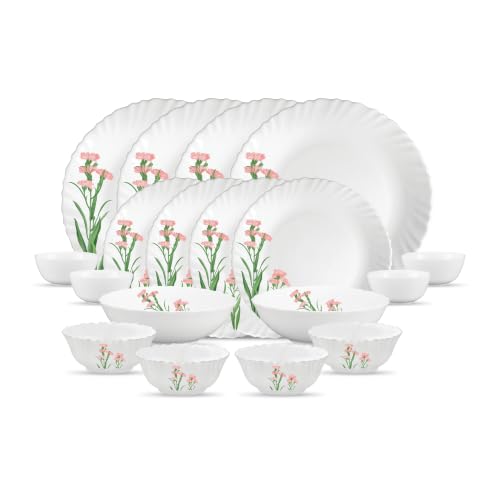Image of La Opala Opal Glass Crockery | for Family of 4 | Dinner Set 18 pcs Pink Florets | Plates & Bowls for Dining | Microwave Safe | 100% Vegetarian | Extra Strong | Extra Light & White