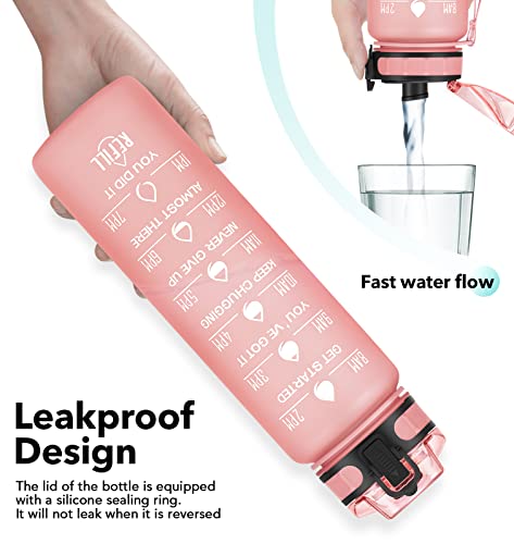 Image of Plastic 32Oz Motivational Water Bottle With Time Marker & Fruit Strainer, Leak-Proof Bpa Free Non-Toxic 1L Bottle With Carrying Strap For Fitness, Gym And Outdoor Sports (Rose Quartz)
