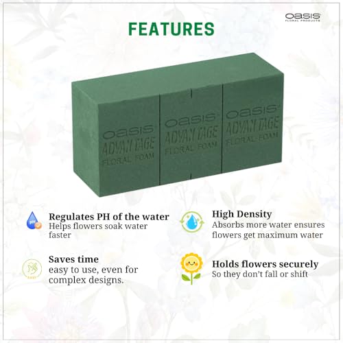 Image of Oasis Pack of 10 Advantage Floral Foam Bricks | Green Florist Foam Blocks for Flower Arrangements in Home Decor, Weddings, Events, Festivals & More | Size 9 x 3 x 4 Inches