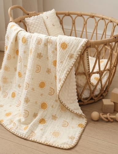 Image of Baby Blanket 40x40 Inches,Muslin Cotton and Minky Dotted Double Layer Soft Receiving Blanket for Newborn Toddler,Boho Sky