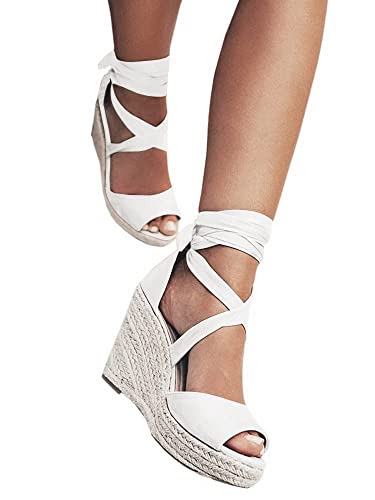 Image of SERAIH Womens Lace up Espadrilles Platform Wedges Sandals Heels Tie Ankle Strap Summer Dress Shoes