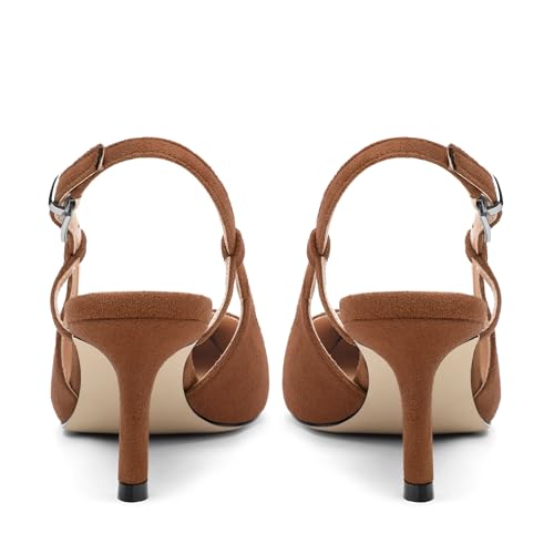 Women's Slingback Suede Leather Pointed Toe Cute Buckle Kitten Mid Heel Pumps Dress Shoes 2.55 Inch4