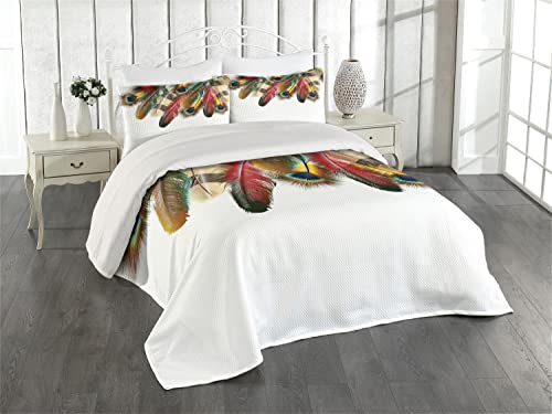 Ambesonne Peacock Coverlet, Mystical Colorful Peacock Feathers Vibrant Universal Link Bohemian Theme, 3 Piece Decorative Quilted Bedspread Set with 2 Pillow Shams, King Size, Red Beige