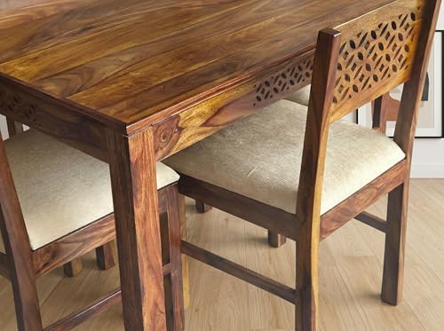 Image of RECTART Solid Wood Dining Table Set with Chairs for Living Room Home | Wooden Dining Room Sets Furniture for Hotels and Restaurants | (CNC-Cream-N, 4 Seater)