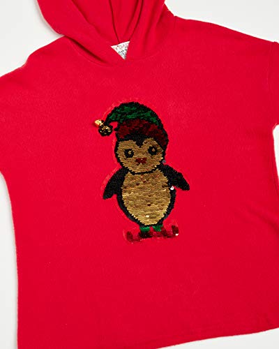 Poof Girl Ugly Christmas Sweater - Soft Cozy Flip-Sequined Holiday Pullover Tops:unicorn, Llama, Santa (Little/Big Girls), Red Penguin W/Hood, Size Small #TOP1