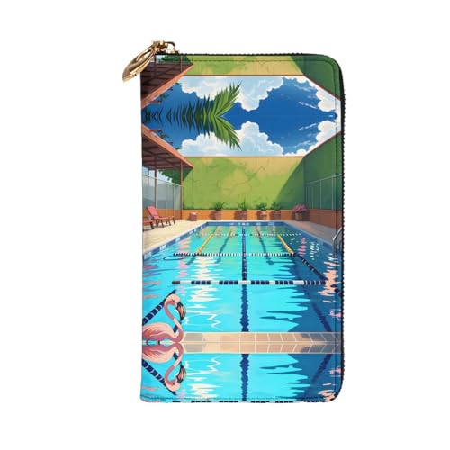 Leather Wallet 7.48 x 4.13 in - Stylish and Durable Wallet for Women with Multiple Compartments and Zipper Design Flamingo and swimming pool Pattern2