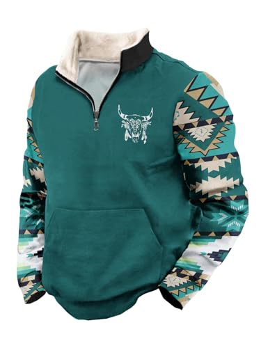 Men's Western Sweatshirts Vintage Aztec Cowboy Graphic Sweatshirts American Flag Long Sleeve 1/4 Zipper Pullover Sweater2