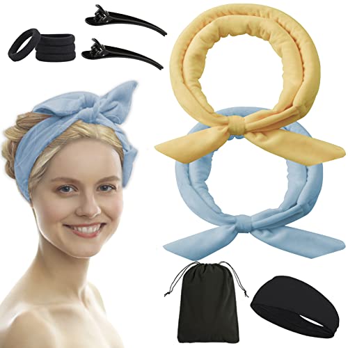 NICPOO No Heat Rollers Hair Curlers for Long Hair,2 Pcs Styler Headband to Sleep in,Curling Ribbon for Women.Mini Hair Ties Styling Accessories Tools.(Champagne+Blue)