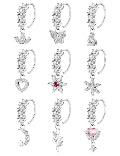YOVORO 9Pcs 20G 316L Stainless Steel Dangle Nose Ring for Women CZ Heart Eye Dangling Nose Hoop Set Star Flower Moon Leaf Dangle Nose Piercing Jewelry Silver B