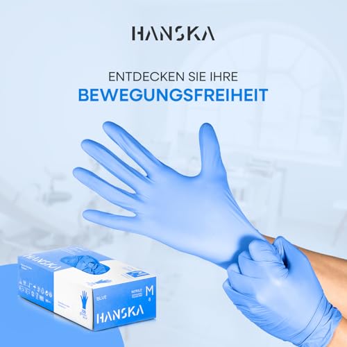HANSKA 100 Blau Nitril-Einweghandschuhe – puderfrei – Einweg – beidhändig tragbar – unsteril – Gummibasis – Geeignet für medizinische Bereiche und Lebensmittelverarbeitung (100, M)
