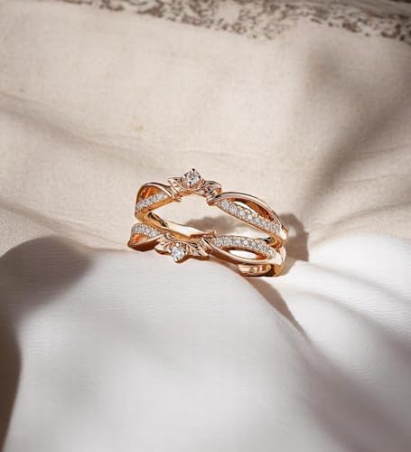 14K Gold Ring Enhancer Guard – Double Band Diamond Simulant Ring Jacket for Women – Elegant Pavé Leaf Design Wedding Ring Wrap3