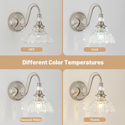 Image of 1 Piece Brushed Nickel Finish Wall Sconce, 1-Light Modern Wall Sconce with Hanging Crystal Accents and Flower-Shaped Clear Shades for Bathroom Bedroom Living Room,Modern Vanity Light