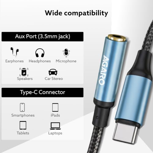 Image of AGARO Type-C to 3.5mm Aux Female Converter with Built-in DAC, Hi-Res Durable Audio Adapter, Supports Mic & Calls, Compatible with iPhone 15 & above, Mobile, Laptops, Plug & Play USB-C to AUX Adapter