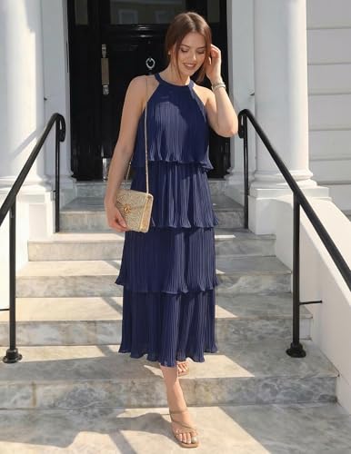 Image of ZESICA Women's 2026 Summer Sleeveless Halter Neck Ruffle Tiered Layered Chiffon Flowy Swing Long Midi Dress
