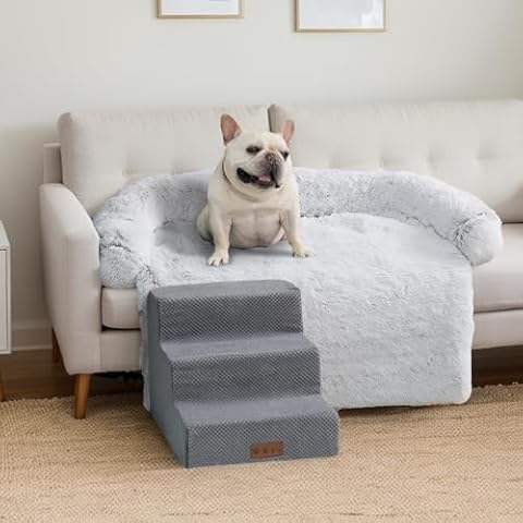 GGIB 3-Step Dog Stairs and Large Calming Dog Bed Fluffy Plush Dog Mat for Sofa, High Bed Pet Steps for Small Dogs with Removable Washable Cover, Grey Cover