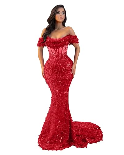Sequin Mermaid Prom Dress for Women 2025 Off Shoulder Sparkly Formal Evening Dresses Long Cocktail Party Gowns with Train P2