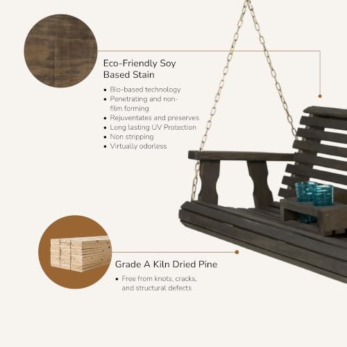 Image of Porchgate Amish Heavy Duty Console Porch Swing with Fold Down Cup Holders in Dark Walnut Stain - Amish Made in The USA from Treated Pine, Hanging Chains Included