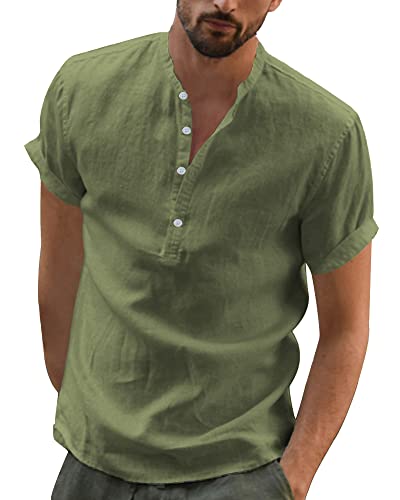 YAOBAOLE Chemisette Homme Manche Courte Chemise en Lin pour Hommes Chemises Col Mao pour Hommes Chemise Été Vetement Homme Vert Armée L