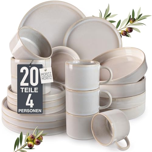 Moritz & Moritz CASTELLO 20-teiliges Geschirrset 4 Personen Beige - Teller Set aus Steinzeug - Geschirr Set aus 4x Dinnerteller, 4x Dessertteller, 4x Suppenteller, 4x Schalen und 4x Tassen
