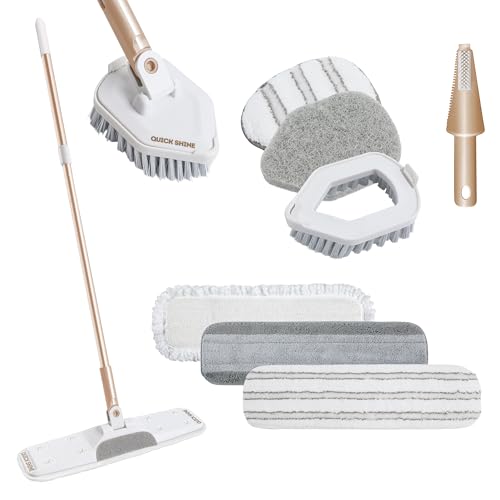 Quick Shine Ultimate Gold Clean + Polish Mop Kit | All-in-One 9 Pc Kit w/Interchangeable Attachments | No Batteries Needed | Pro Cleaning System for All Floor Types | 2-in-1 Mop