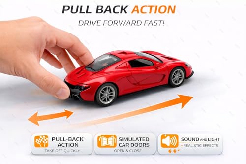 Image of 1:36 Scale McLaren 720S Toy Car - Die-Cast Metal Pull Back Vehicle with Openable Doors, Lights & Music - Sports Model for Kids, Boys & Collectors (Red)