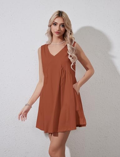 Eutten Womens Summer Sleeveless Mini Dress Casual Loose V Neck Sundress Swing Flowy Beach Dress with Pocket Pleated Dresses Rust - Thumbnail 4
