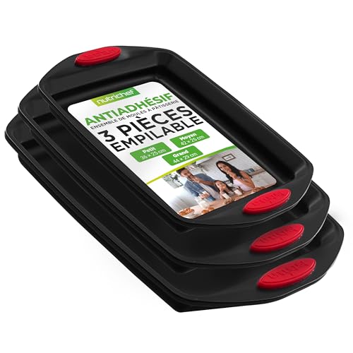 NutriChef Set 3 Moules à Cuisson – Acier Carbone Premium, Antiadhésifs, Anses Silicone, Grand/Moyen/Petit, Sans PFOA/PFOS/PTFE, Noir