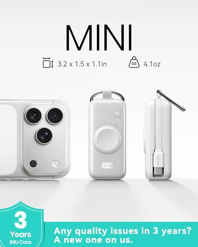 Image of INIU 3-in-1 Portable Charger, Small 5000mah Power Bank with Built-in USB C Cable and Watch Charger, 20W PD Fast Charging Battery Pack, Travel Charger for iPhone 16 15, Apple Watch, etc