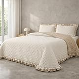 Victorio & Lucchino – Colcha Elvira Bicolor Lavada Termosellada con Doble Volante – Incluye Fundas de Cojín (Beige/Lino, Cama 135cm)