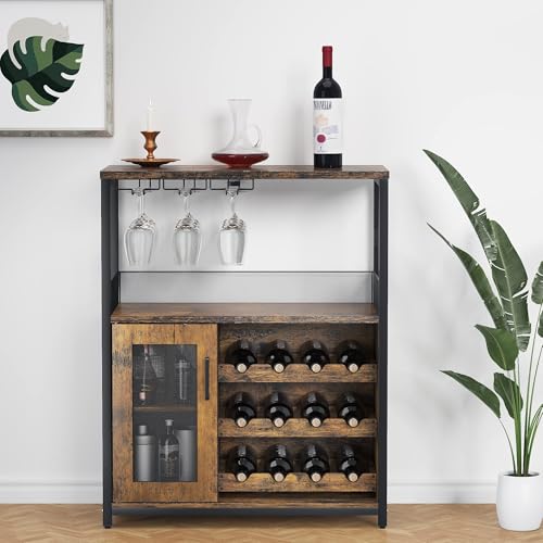 Image of ElfinAura 3-Tier Wine Bar Cabinet with Detachable Wine Rack and Storage Space, Buffet Cabinet with Glass Holder and Mesh Door, for Kitchen, Living Room and Bar .Rustic Brown.