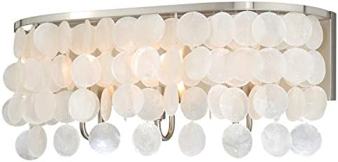 VAXCEL Elsa 3-Light 20.75 inch Wide Satin Nickel Glam Bathroom Vanity Lighting Fixture, Capiz Shell Shade, Dimmable, LED Compatible, Over The Mirror Mounted Steel Wall Sconce, Full Backplate