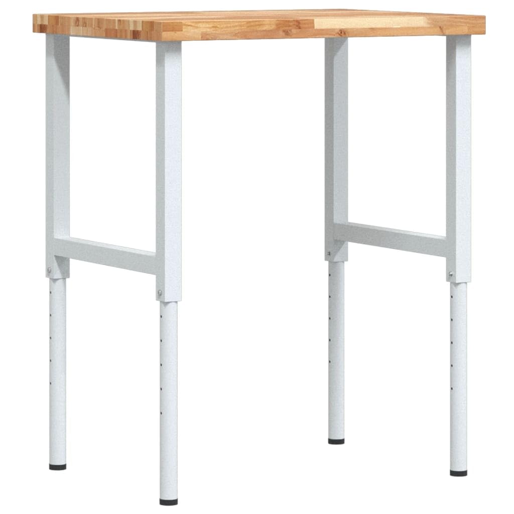 Banco de trabajo de madera maciza de acacia con estructura de metal pulverizada regulable en altura, 80 x 60 x (73-99,5) cm, mesa de trabajo rectangular para taller, garaje, sala de ocio con