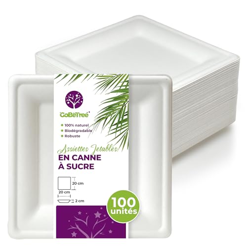 GoBeTree 100 Assiettes Jetables carrées 20 cm en Canne à Sucre Blanche, assiettes en papier jetables extra durables, Pour Camping, Pique-niques, Fêtes,...