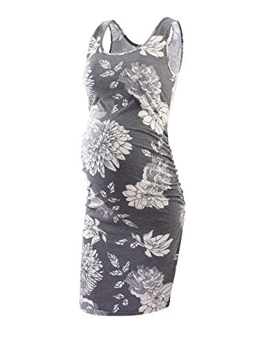 Shen&Qege Women's Maternity Dress Casual Maternity Bodycon Tank Dress Pregnancy Dress for Daily Wear or Baby Shower (Grey with Flower, x_l)
