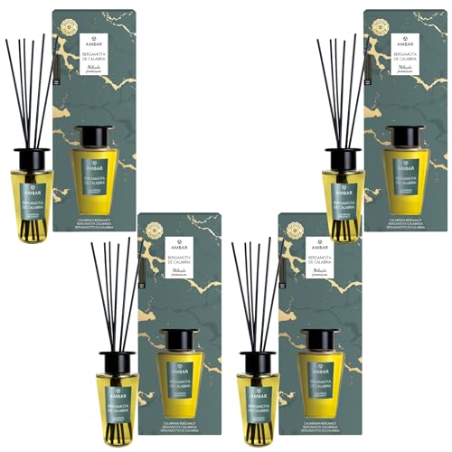 Pack de 4 Mikado Ámbar Bergamota de Calabria – Aroma Fresco y Energizante con Toque Cítrico Premium, Difusor con Varillas 85ml x 4, Decoración Aromática para Hogar – Ambar Perfums