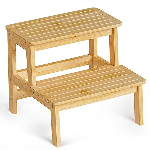 Domax Bamboo Wooden Step Stools for Kids - Toddler Step Stool for Bathroom Sink High Bed Toilet Kitchen Helper Wood Step Stool for Bedside for Adults Non-Slip Waterproof 2 Stepping Stool, Natural