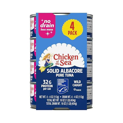 Image of Chicken of the Sea Wild Caught Solid White Pure Albacore, No Drain, 4 oz Cans, 4-Count - High Protein 100% Classic Tuna in No Drain Can for Less Mess - Delicious, Easy, Nutritious Ready to Eat Meals