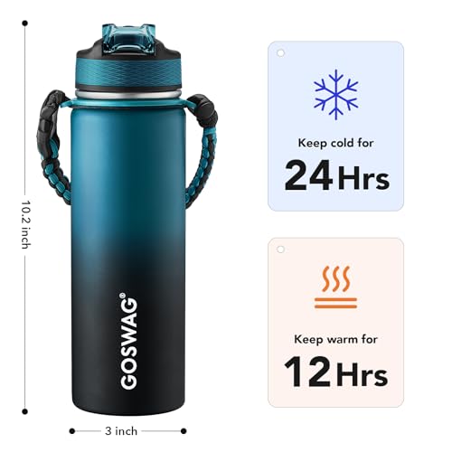 Image of GOSWAG 24oz Insulated Stainless Steel Travel Water Bottle, 2 Lids | with straw and no straw, Paracord handle, Double-wall vacuum keeps drinks cold or hot, Leakproof tumbler