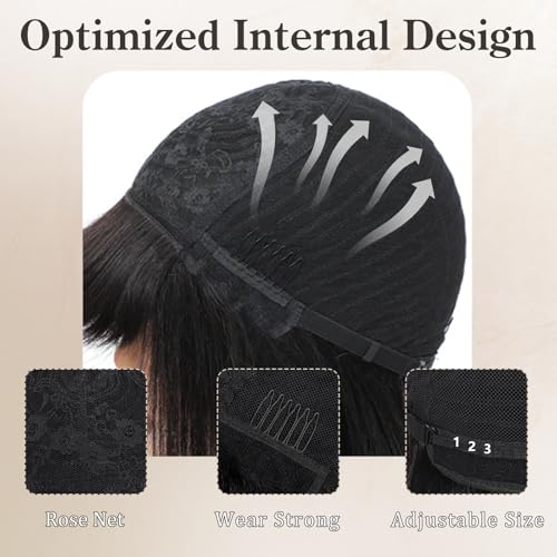 Image of Farblick Burgundy Bob Wig Human Hair With Bangs Wear and Go Glueless Wig Human Hair 12inch Straight Wig 180% Density Black with Red Wig With Bangs for Women