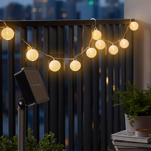 Spetebo Guirlande lumineuse solaire blanche avec 10 lampions de jardin en blanc - Éclairage de fête d'extérieur - 10 LED - Éclairage de décoration pour...