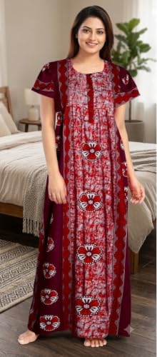 Image of Keyocean Women's Cotton Printed Maxi Nighty, Full Length Night Gown for Women, Comfortable Nightwear and Sleepwear, Free Size, Pack of 2